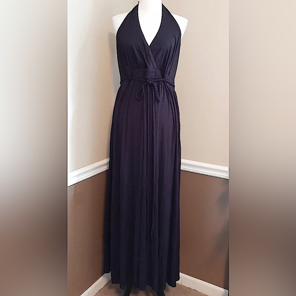Black Maxi Dress Jersey Knit Halter Neck Braided Belt by Fervour Modcloth 1X